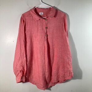 Womens Sigrid Olsen Linen V Neck Pullover 1/4 Button Tunic Peach L Roll Tab Slee